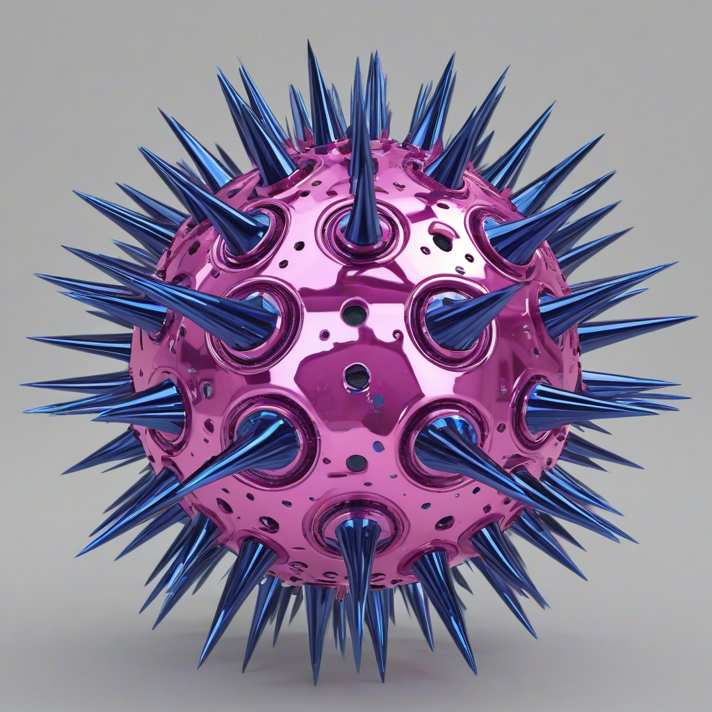 pink metallic sphere with metallic blue spikes, on a plain white background, even lighting