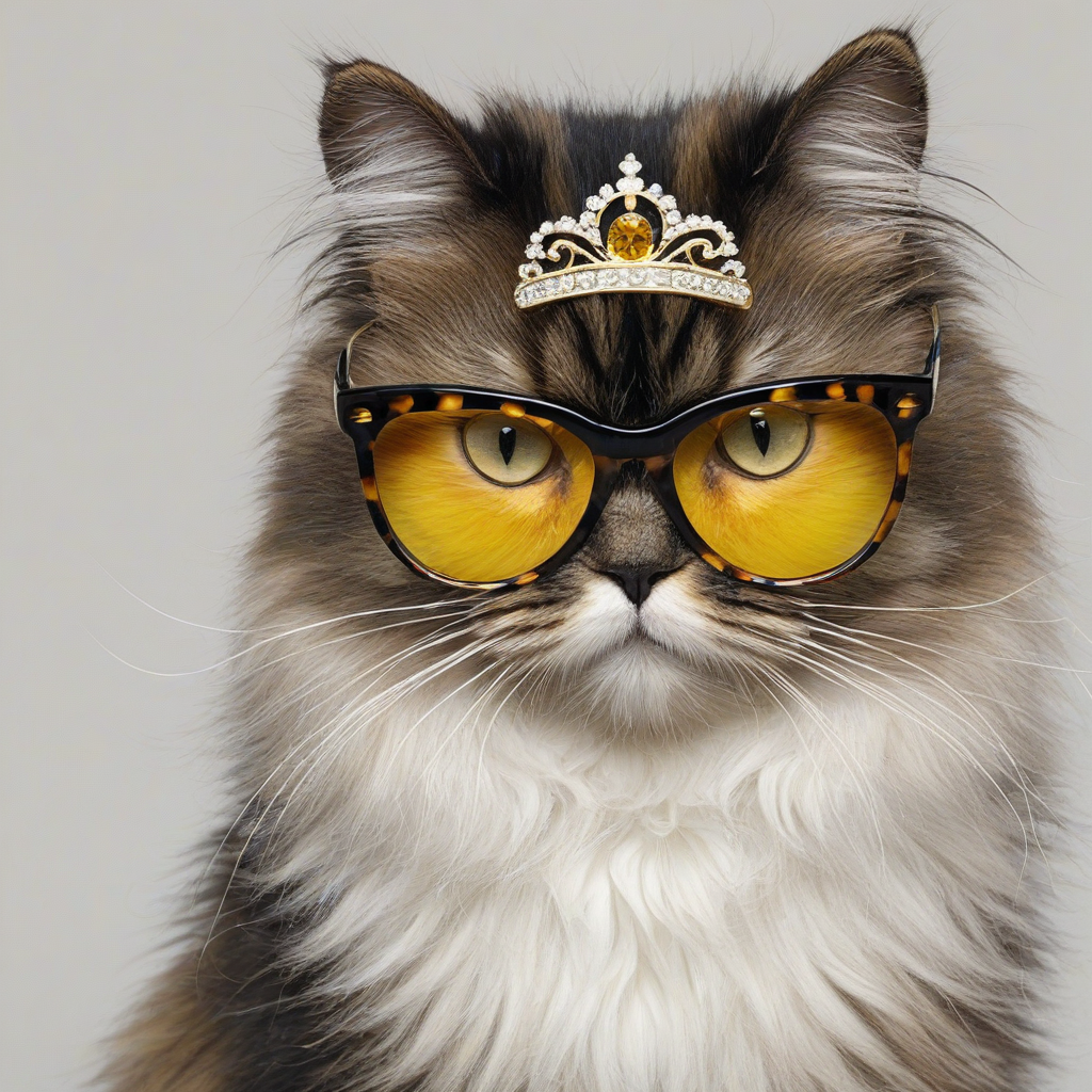 Tortoiseshell Persian cat, fuzzy, black, beige, and white fur, yellow eyes, trendy sunglasses, sparkly tiara, plain white background, digital illustration, on a plain white background, even lighting