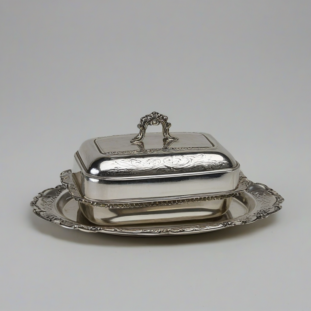 Vintage silver plated butter dish, on a plain white background, even lighting