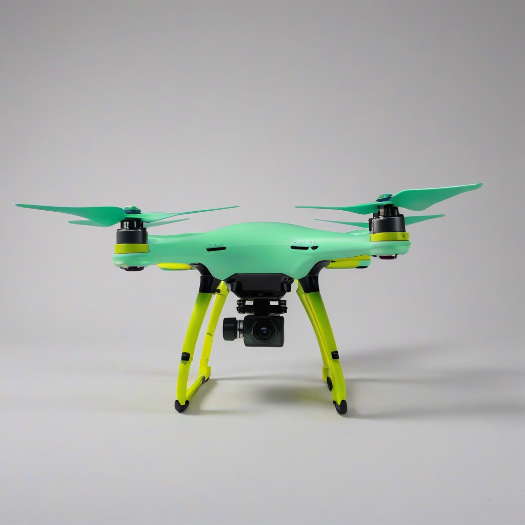 A full-body view of a mint green drone, in a pop art style, with bold lines and bright colors, on a plain white background, with the drone's propellers and body clearly visible, in a wide shot, with dynamic shadows and a sense of movement, on a plain white background, even lighting 