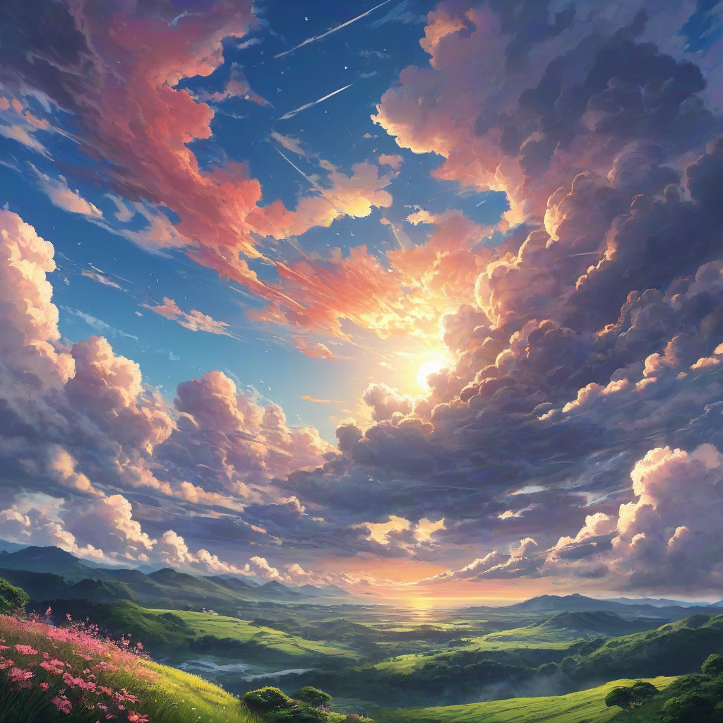 peaceful anime scene of the sky with bright colorful clouds with a sunrise and a pretty landscape below