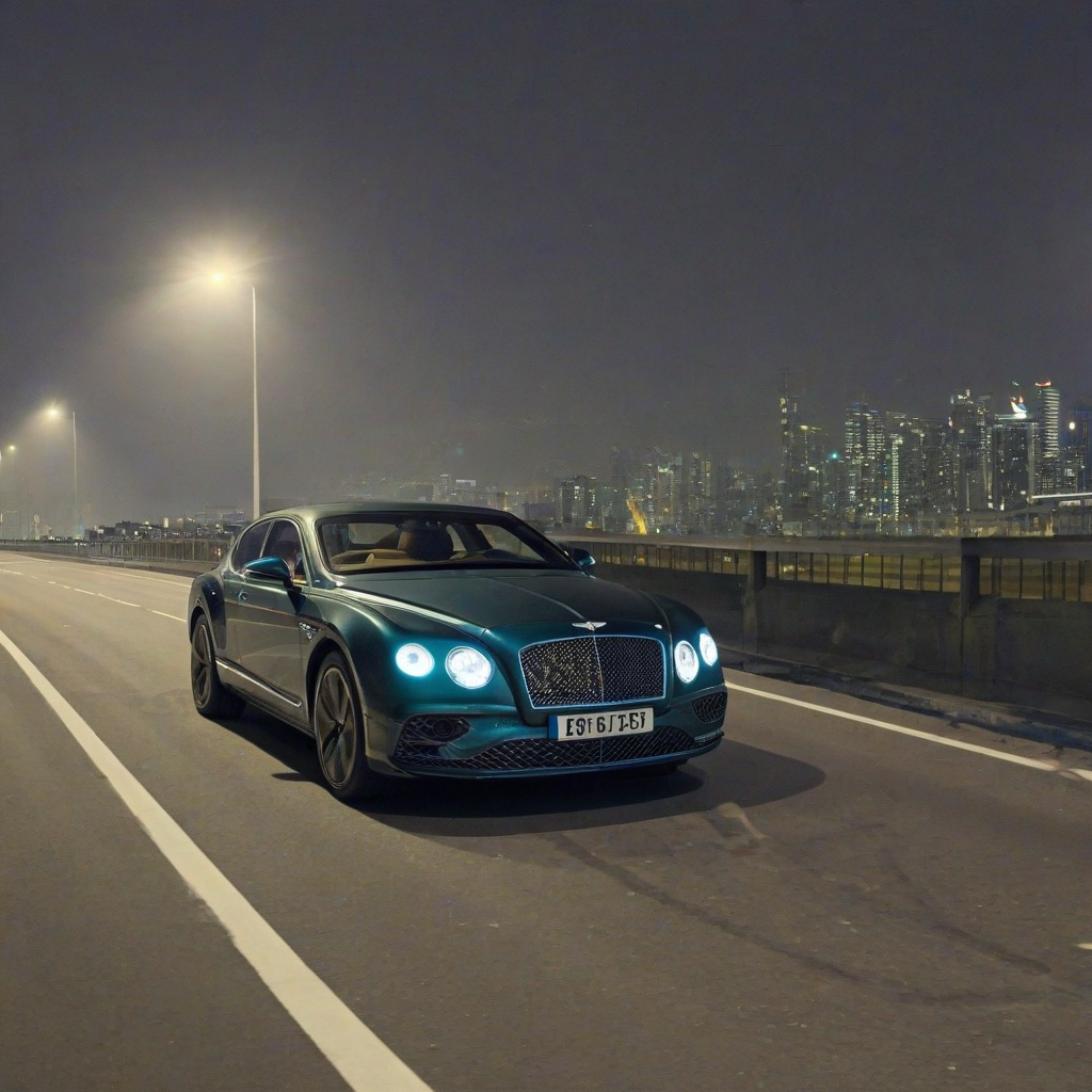 A Bentley on an empty highway at night
