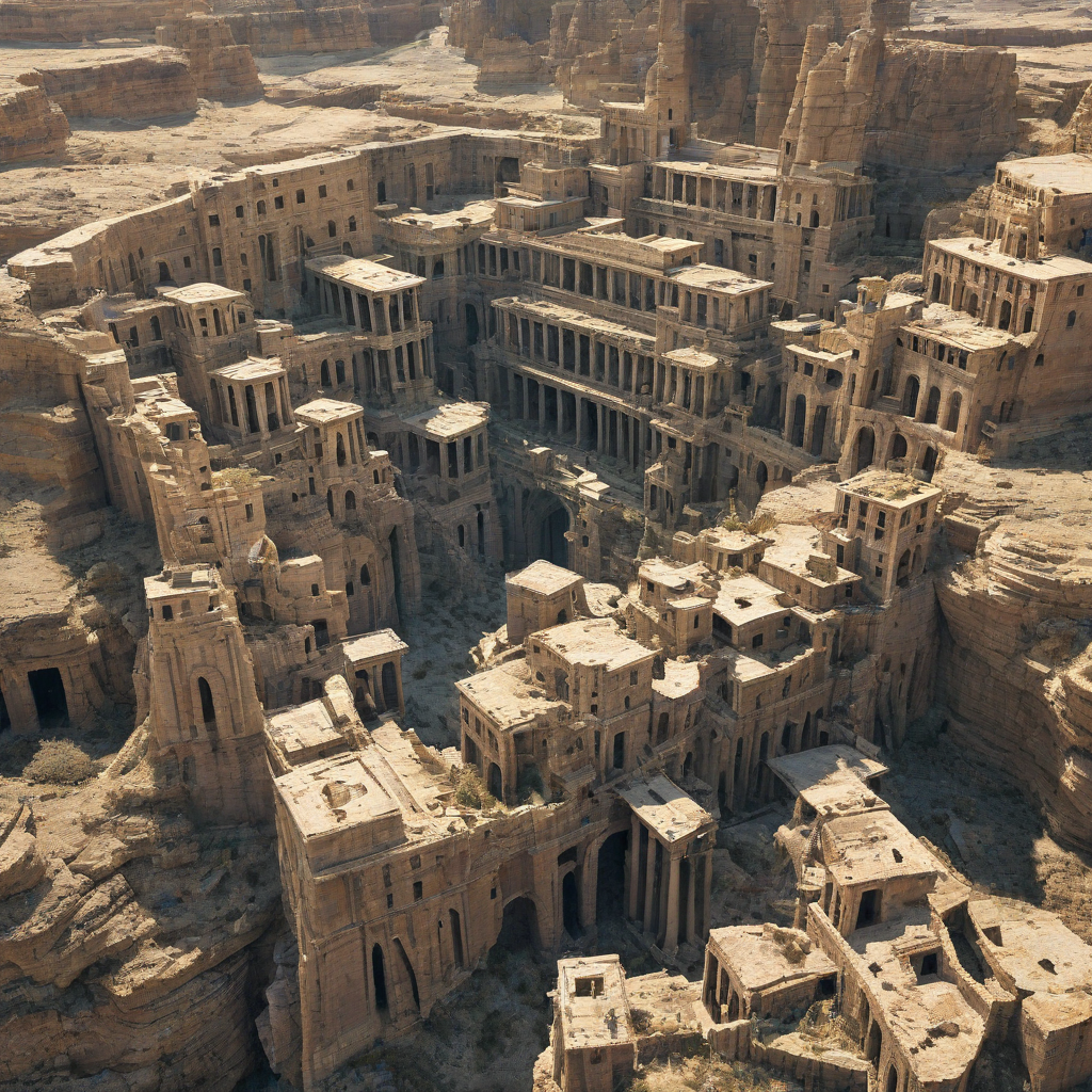 A sun-drenched canyon with an ancient, abandoned city built into its walls and along the canyon floor. The city features weathered stone buildings and tall, crumbling columns., on a plain white background, even lighting