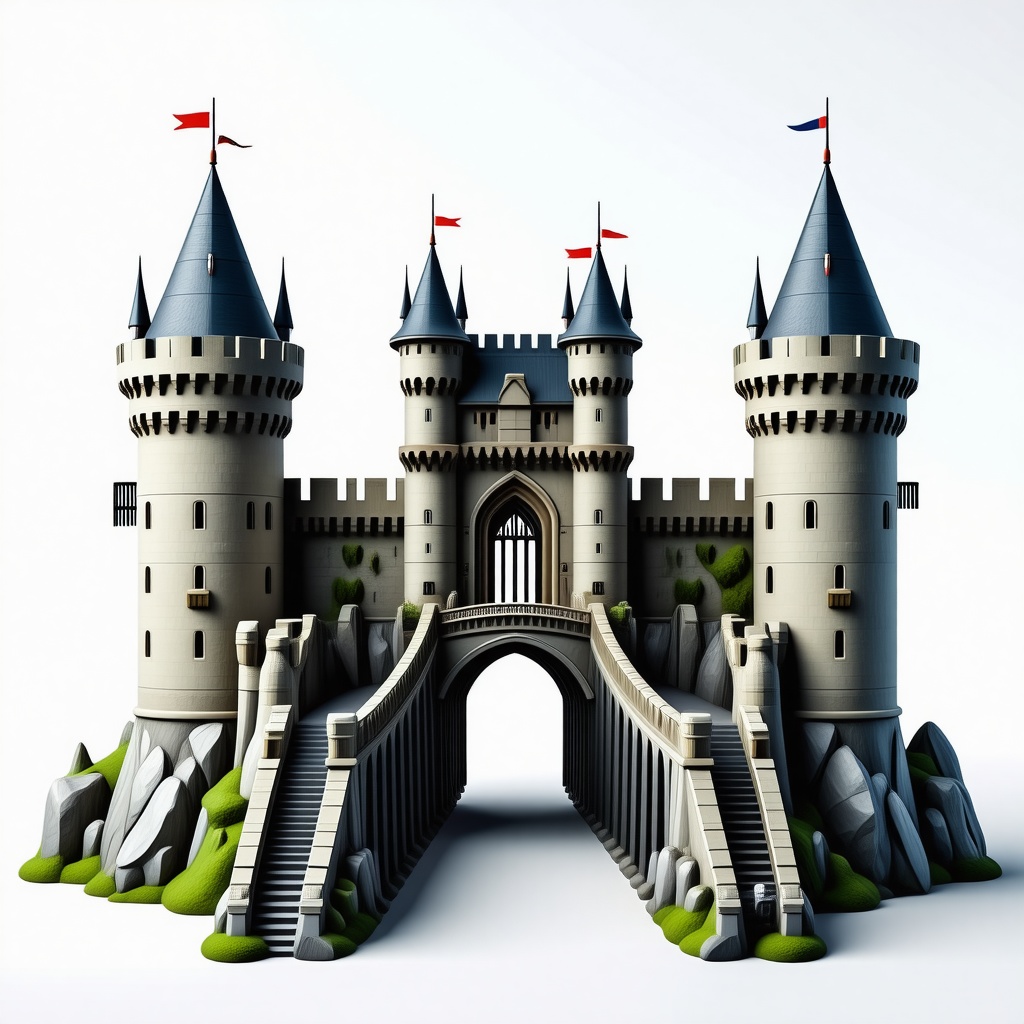 A medieval castle with a drawbridge and four guard towers