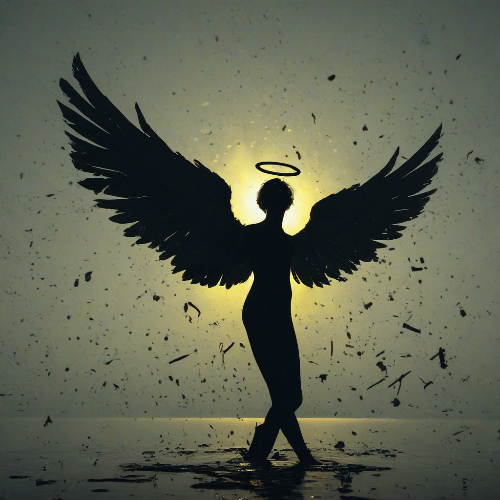 Silhouette of a fallen angel with a broken glowing yellow halo floating above his head
