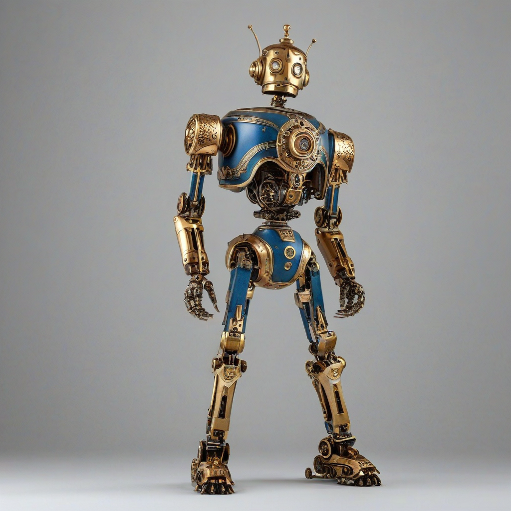A Victorian-style robot with intricate brass details and copper filigree, set against a plain white background, in a full-body view with its feet visible, with a warm, golden lighting and a sense of nostalgia, in the style of a vintage illustration, on a plain white background, with a denim blue hue, even lighting