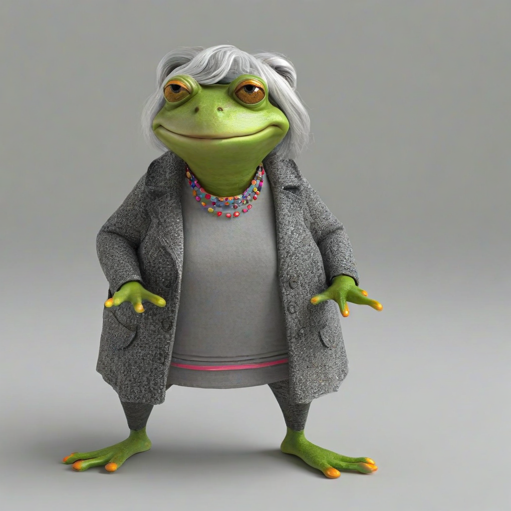 3d hand-drawn cartoon female frog, that is dressed like an old lady, with grey hair, on a plain white background, even lighting