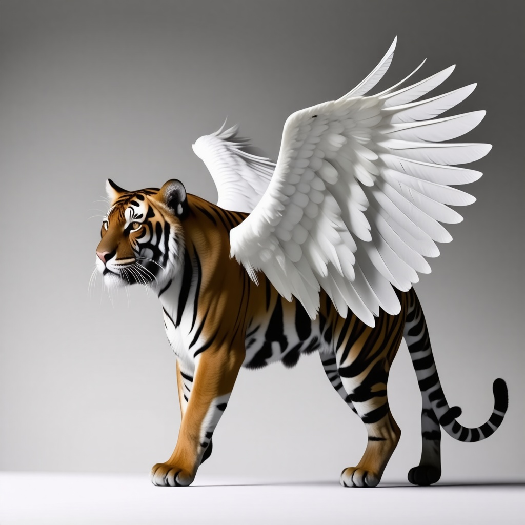 Tiger with white bird wings, with one wing fully extended