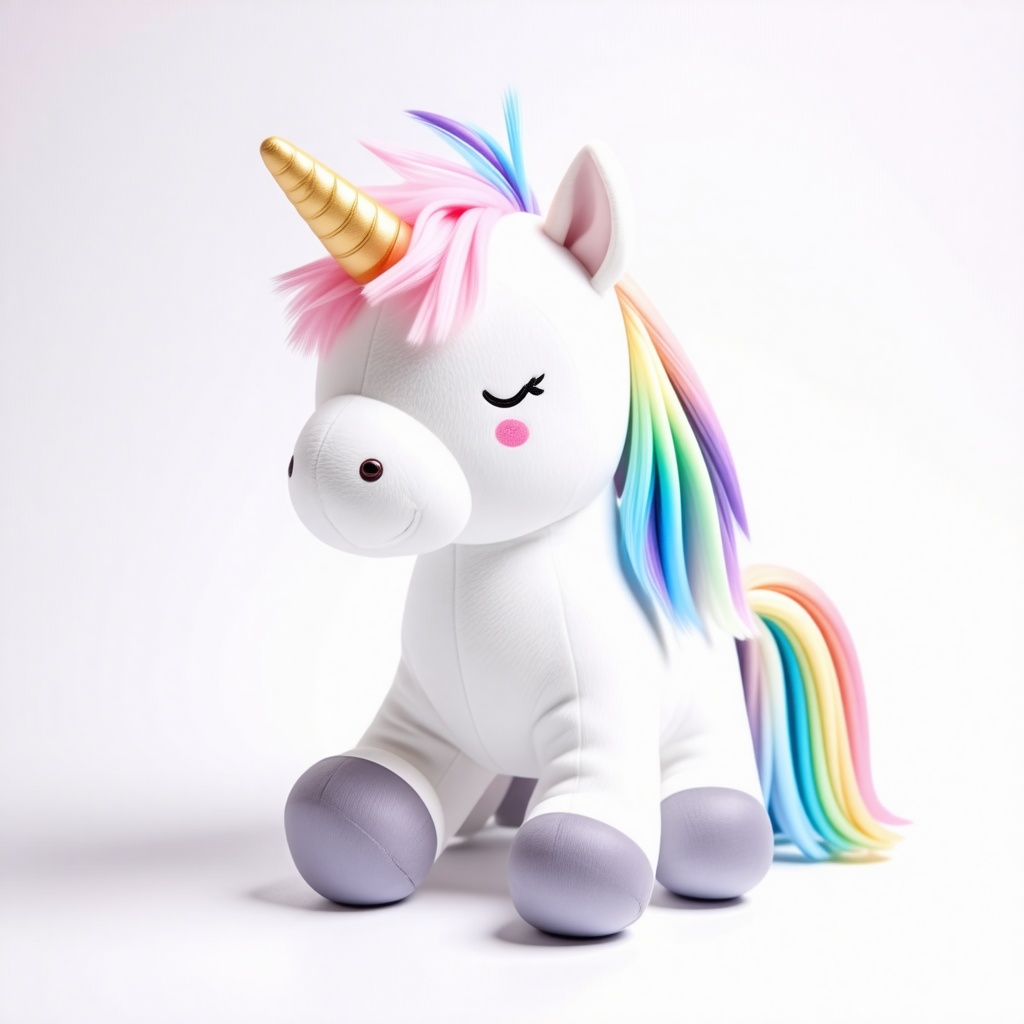 A white unicorn stuffed animal with a short hair mane that is rainbow color, full-body view, on a plain white background, with a soft and cuddly texture, and a sweet expression, wide shot, with a subtle sheen to the fabric, and a few loose threads on the seam, in a digital illustration style