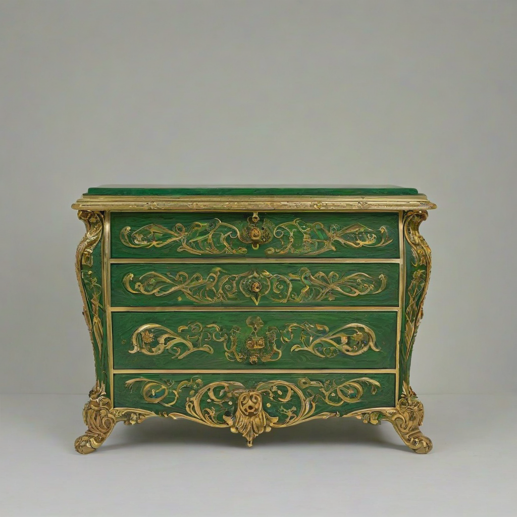 A highly ornate, green, Victorian-style chest, with intricate carvings and golden accents, in a full-body view, with the chest's feet visible, on a plain white background, with a soft, warm lighting and a slight sheen to the finish, in the style of a classic oil painting, on a plain white background, even lighting