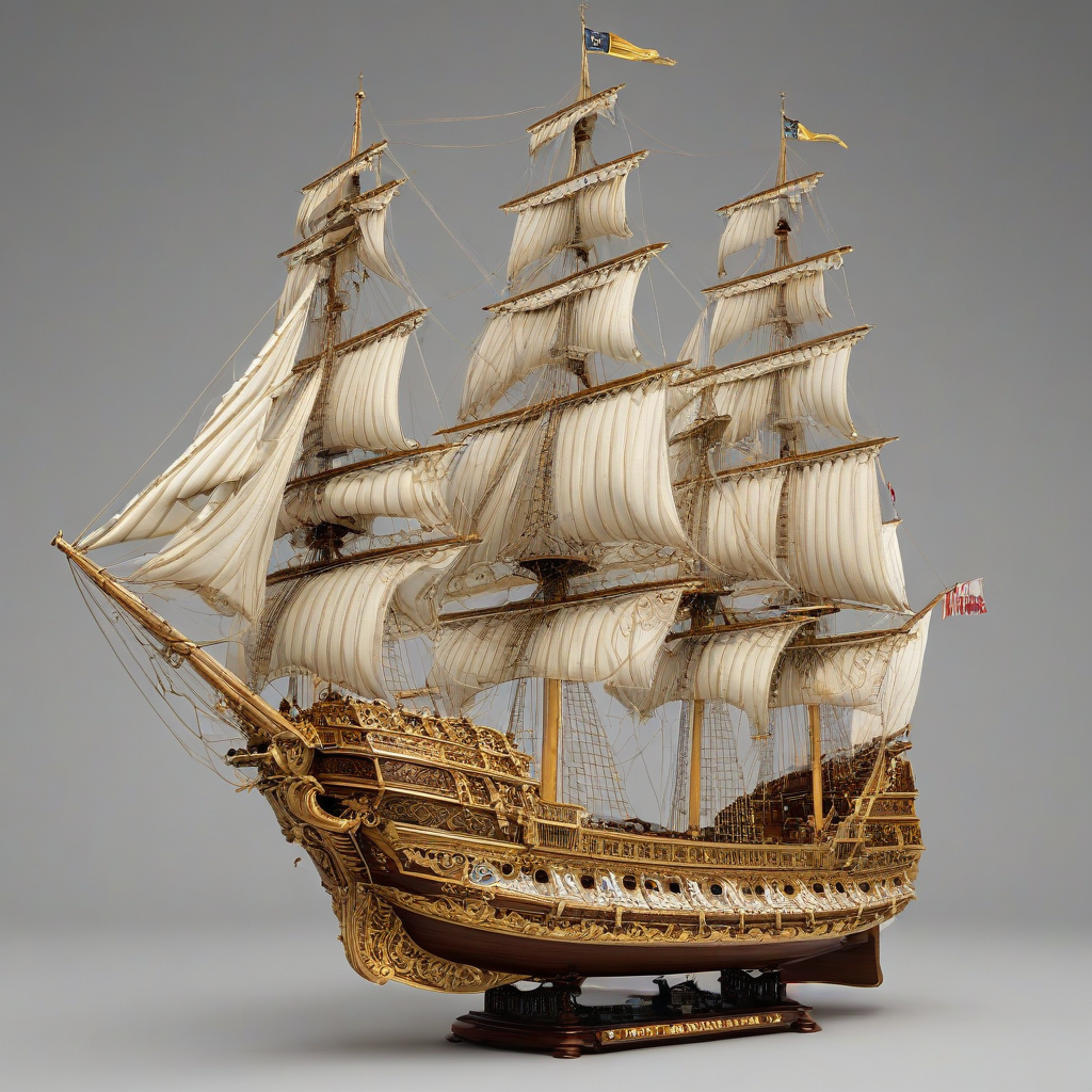 A luxurious, gold, Baroque-style ship with intricate carvings and ornate details, set against a plain white background, in a wide shot with the entire ship visible, including the hull and sails, with warm, soft lighting and a sense of grandeur, in the style of a highly detailed digital illustration, on a plain white background, even lighting 