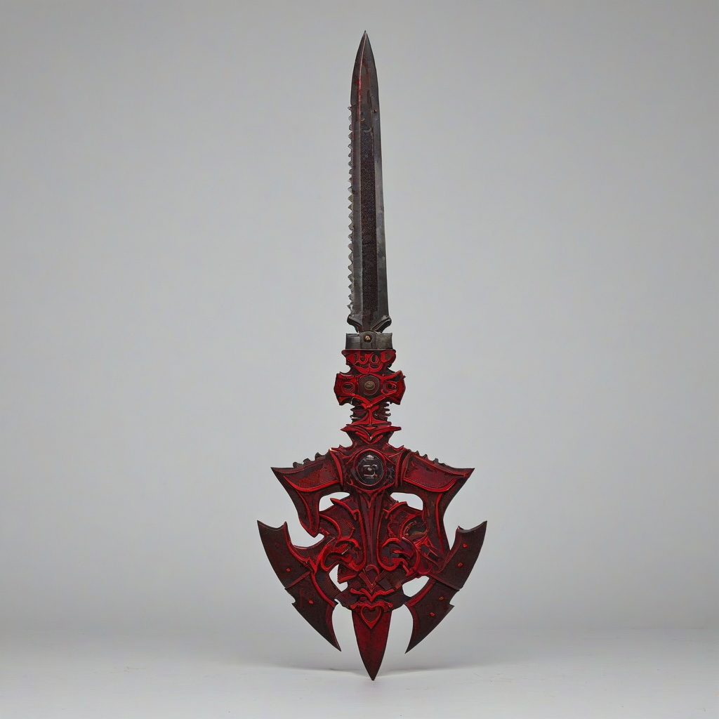 Red brutalist sword, wide shot, full-body view, on plain white background