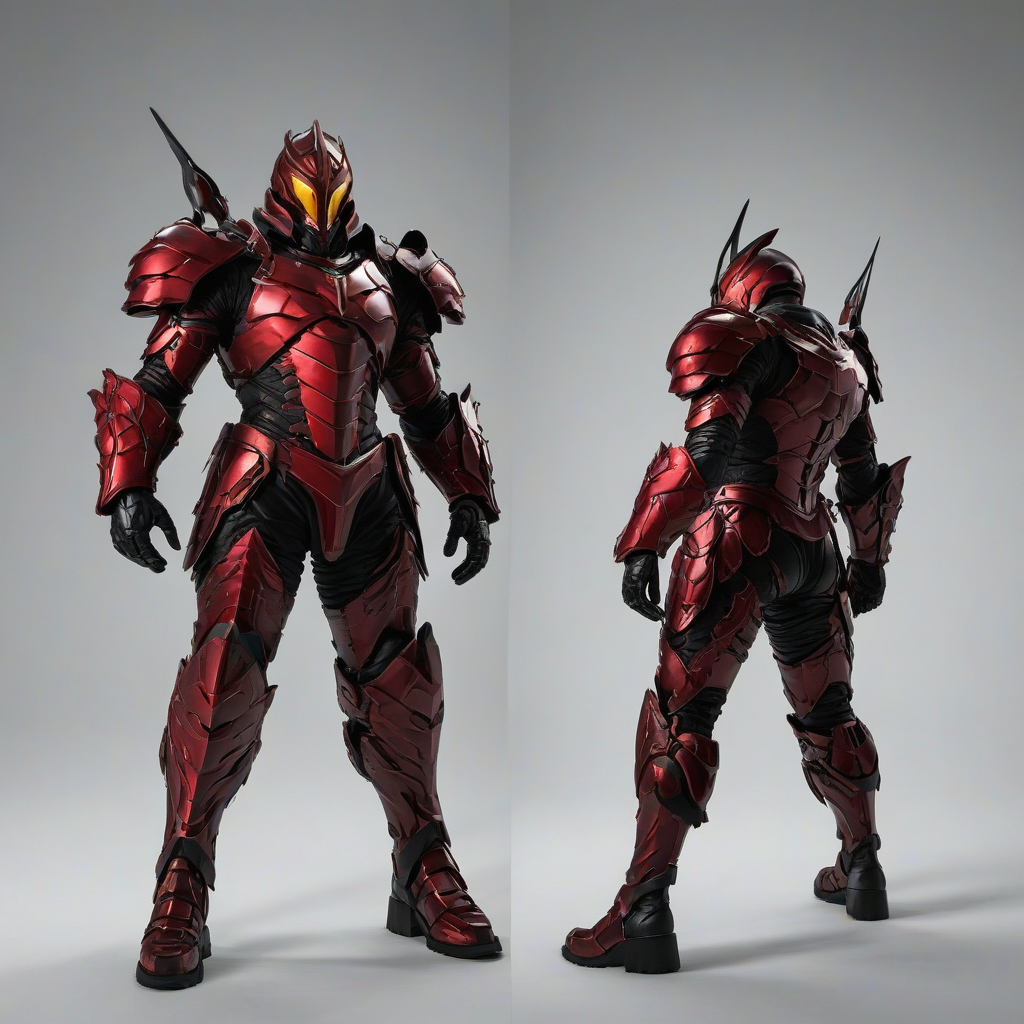 A full-body view of a piece of crimson armor, with a noir style aesthetic, on a plain white background, with dramatic lighting and dynamic shadows, in a wide-angle shot, with intricate details and textures, and a sense of depth and dimensionality