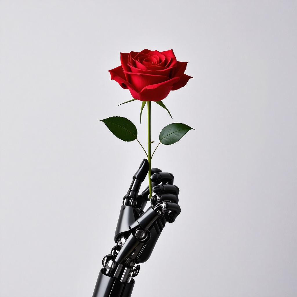 mechanical hand holding a red long stem rose