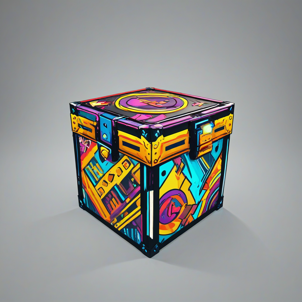 A game asset style, loot box, in a Vibrant art style with bold lines, bright and even lighting, on a plain white background, even lighting