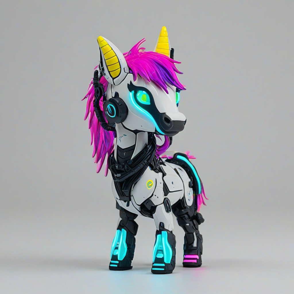 Chibi cyberpunk unicorn with neon colors, on a plain white background, even lighting