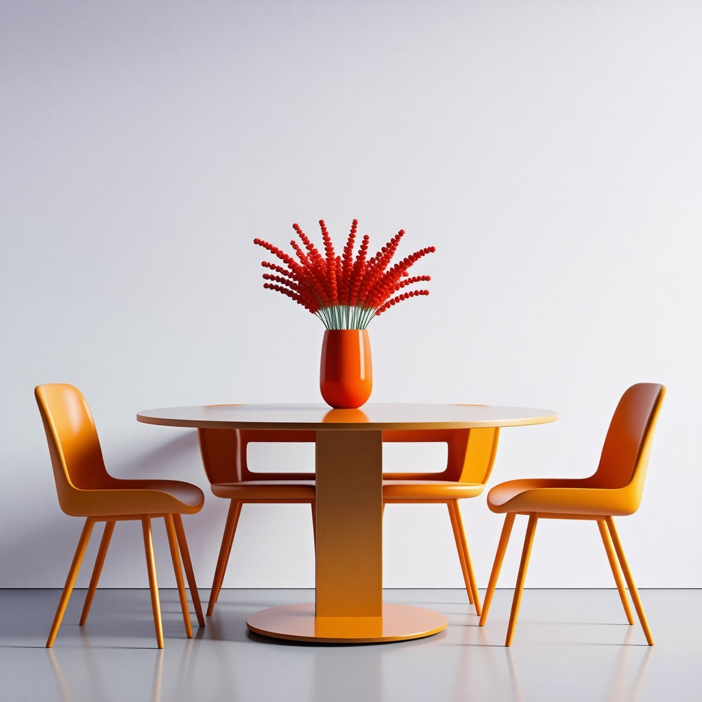 A monochrome orange dining table with four orange chairs, wide shot, full-body view of the table and chairs, plain white background, no shadows, no textures, digital art style, minimalist aesthetic