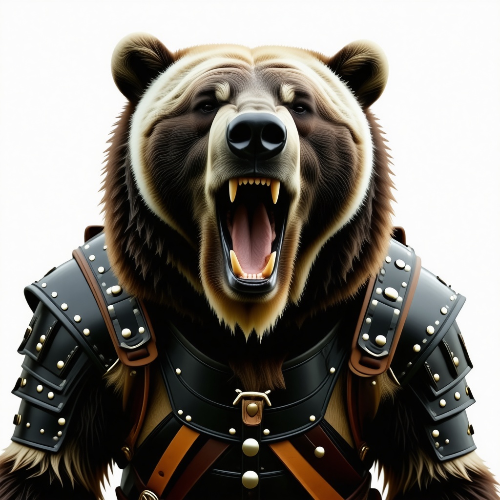 A grizzly bear wearing black leather armor. The bear is roaring, its sharp teeth are white and it's fur is matted