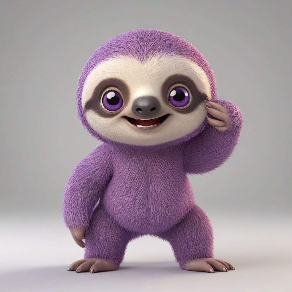 A cartoon style cute violet colored baby sloth with a smile, in 3D animation style, full-body view, with bright and vibrant colors, standing on a plain white background, with a wide-angle shot, and dynamic lighting, featuring a small, rounded body, large eyes, and a tiny nose, with a happy and playful expression, on a plain white background, even lighting, on a plain white background, even lighting 