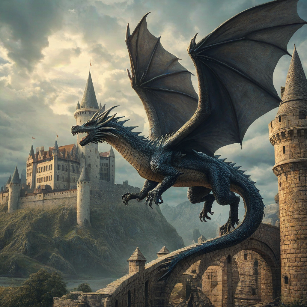 A majestic dragon soaring over a medieval castle, in the style of high fantasy illustrations.