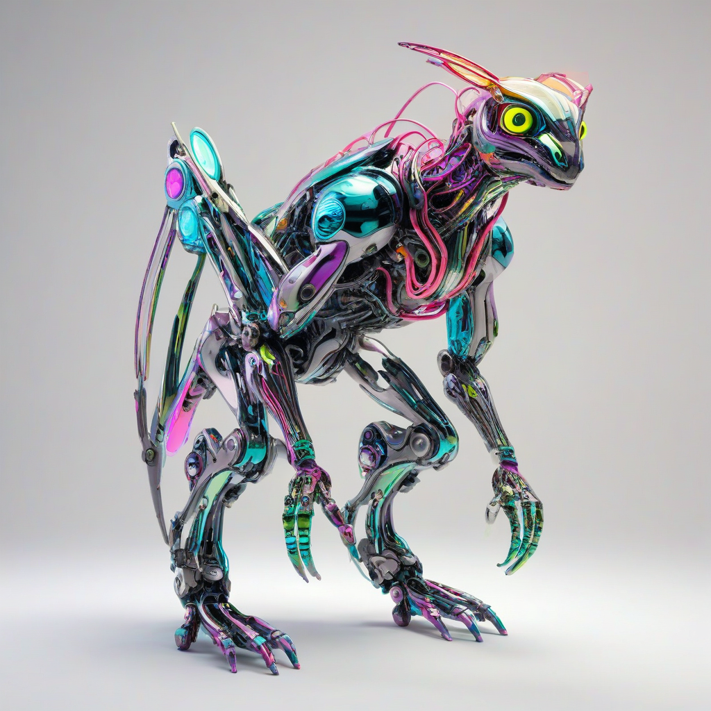 a biomechanical creature, Olive, full-body view, on a plain white background, with a mix of metallic and organic elements, vibrant neon colors, and a futuristic aesthetic, in a wide shot, with dynamic shadows and backlight, in the style of vaporwave art, on a plain white background, even lighting