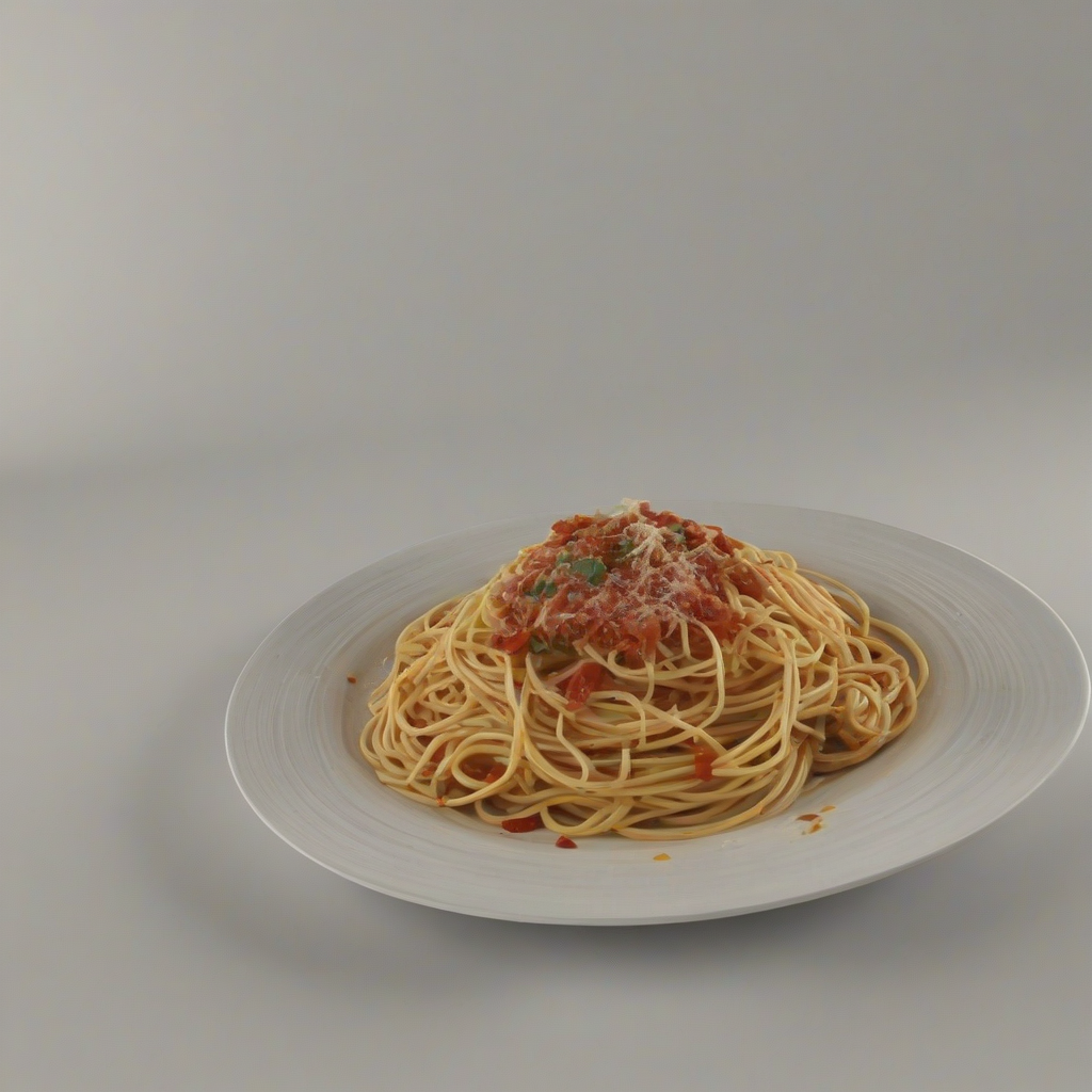 A plate of spaghetti in a 3D animation style, with vibrant colors and exaggerated textures, full-body view, on a plain white background, with a wide-angle shot, and dynamic lighting.