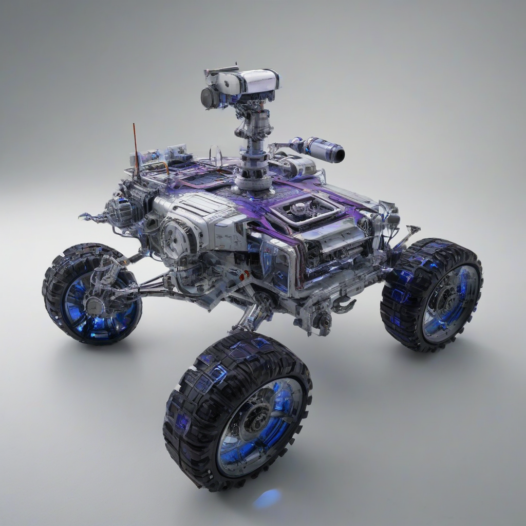 A highly detailed, hyperrealistic, full-body view of a futuristic rover named Violet, with a metallic silver and blue body, standing on a plain white background, with precise lighting and shadows, in a wide-angle shot, with a focus on the intricate details of the rover's design and machinery, with a sense of depth and realism, on a plain white background, even lighting 