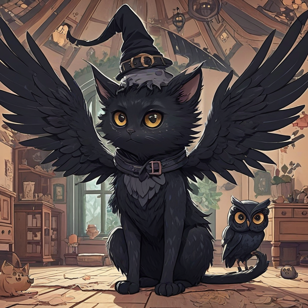 Digital Anime art style black cat and black owl hybrid creature, it has four legs and a tail like a cat, but wings and feathers like an owl, it is inside of a cute digital anime style witch's house