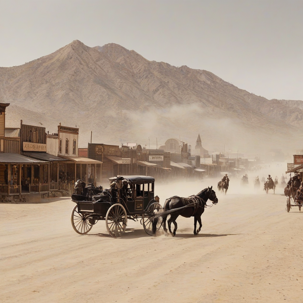 Wild west town with mountains, dust flying, people in horse drawn carriages, full-body view, wide shot, plain white background, digital art style