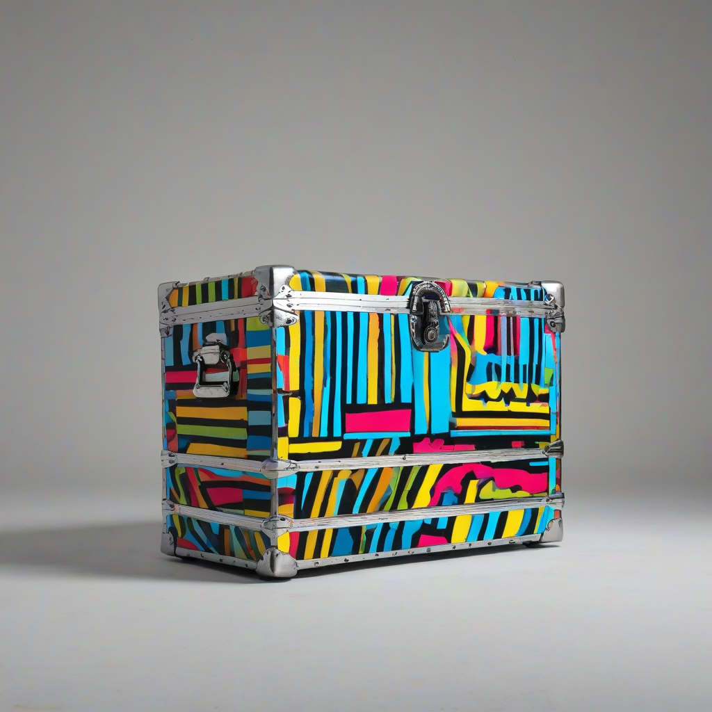 A pop art style trunk with bold black lines and vibrant, bright colors, in a wide-angle shot on a plain white background, under direct, even, and strong lighting.