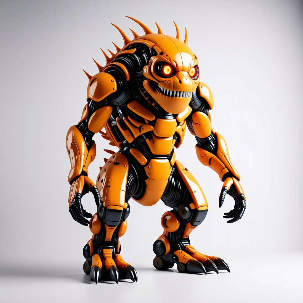 A large, orange, industrial monster with metallic scales and glowing red eyes, standing in a wide shot with its feet visible, set against a plain white background, in a digital art style with dynamic shadows and a hard rim light