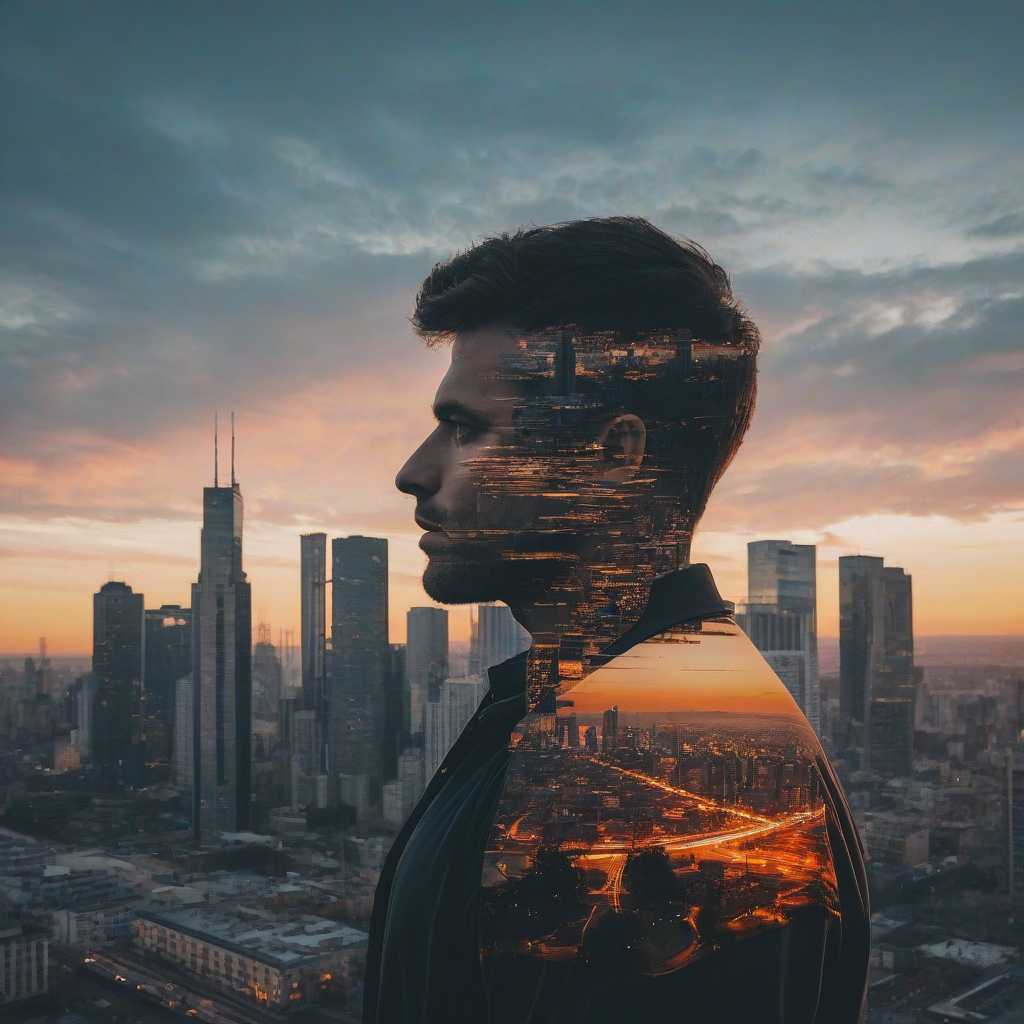double exposure photography of a man and a sunset city
