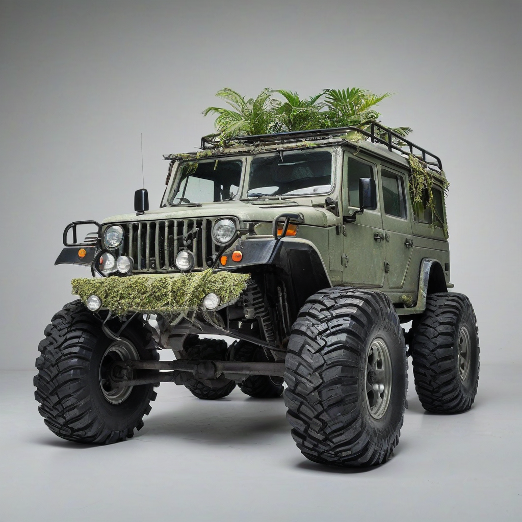 Jungle vehicle with large tires, on a plain white background, even lighting