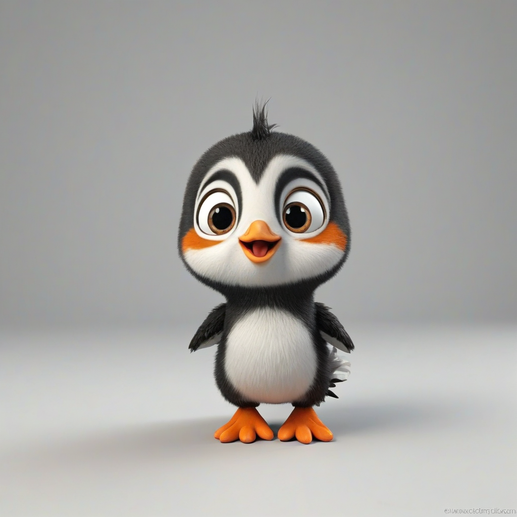 3d cartoon animation, mix of a baby puffin and a baby unicorn, bright and vivid colors, large eyes, short body, round features, tiny nose, tiny feet, cute, happy expression on its face, only one in the shot, full body visible, on a plain white background, even lighting