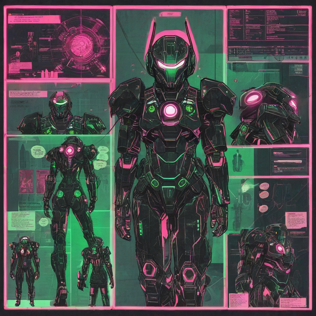 Comic book page with a grungy mecha fighter suit, slightly silhouetted, add a slight anime style, with soft neon lighting, illuminating the suit with a pink and green hue, add digital diagrams pointing to certain parts of the suit, with an outline pictogram of the robotic part