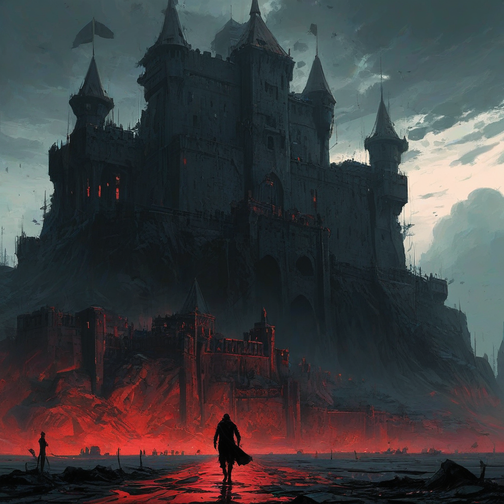 Digital silhouette art of something impenetrable, include a giant fortress and a scene bustling with details, accent red and black colors, Michael Whelan and Jeremy Mann influenced art styles