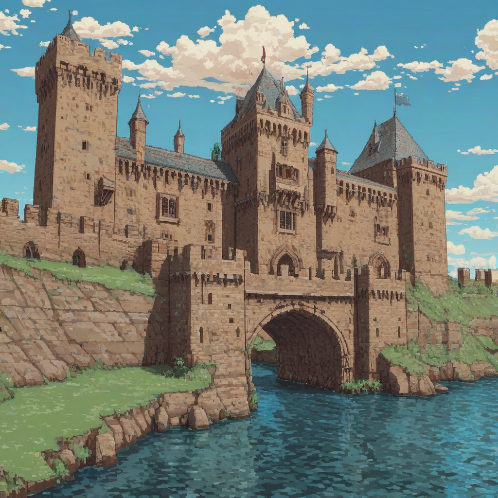 A full-body view, wide shot, of a medieval castle, with a moat, and a bright blue sky, in a pixel art style,