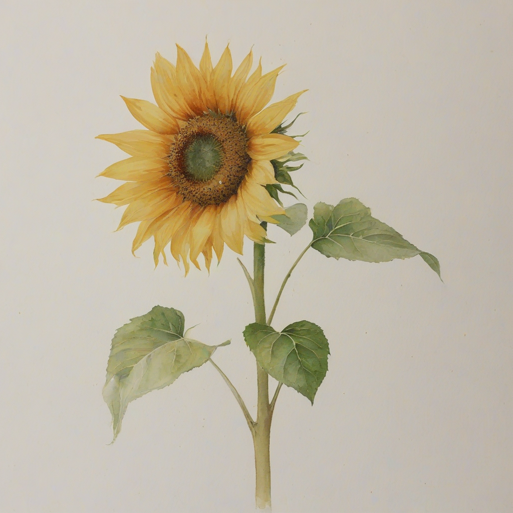 A delicate watercolor painting of a single sunflower in full bloom, with soft, feathery brushstrokes and gentle, warm colors, set against a plain white background, in a wide shot with the entire flower visible from its roots to its tall stem and bright yellow petals, with a few loose, expressive leaves surrounding the base of the plant, and a subtle, dreamy quality to the overall image
