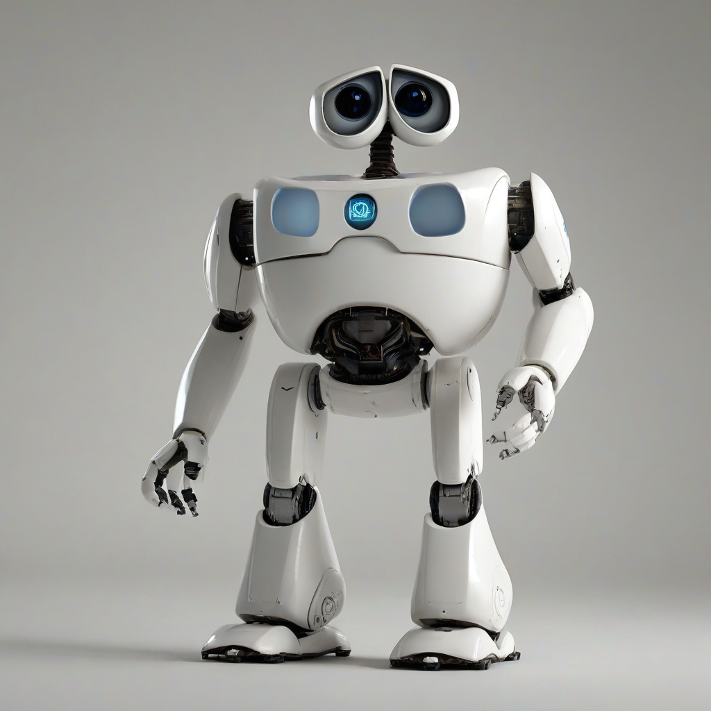 Eve the white robot from the movie Wall-E, standing on a plain white background with even lighting, with a sleek, rounded body that is egg-shaped, with no neck or legs, and sleek arms with no visible joints, without a panel on the back.