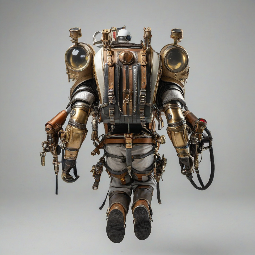 A medieval fantasy style jetpack, brass accents, and a worn leather strap, in a wide shot with the jetpack's thrusters and fuel tanks visible, on a plain white background, medieval and fantasy style, high detail, no humans, jet pack only in image, on a plain white background, even lighting