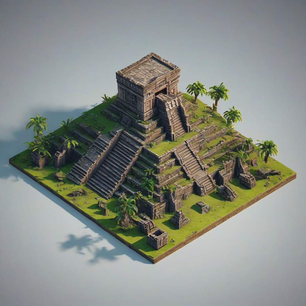 ancient Aztec ruin, on square grid for isometric game asset, bright lighting, on a plain white background, even lighting