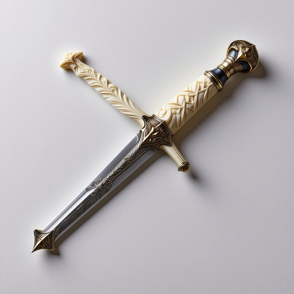 A highly detailed, realistic ivory-hilted dagger with an intricately carved handle, resting on a plain white background, in a wide shot with the entire weapon visible, featuring a sharp, high-contrast blade and a subtle sheen to the ivory, in a photorealistic style