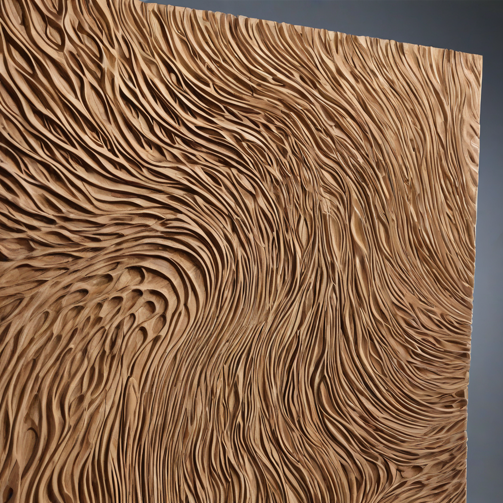 large, approximately 8’ by 4’ rectangular wooden wall panel installation. It features intricate, flowing wave-like patterns carved into the wood, creating a sense of movement and texture. The wood has a natural grain with varying shades of brown, beige, and light tan, giving it a warm and organic appearance. The carving appears to be deep and three-dimensional, with smooth, undulating ridges and valleys that mimic the flow of water or sand dunes., on a plain white background, even lighting