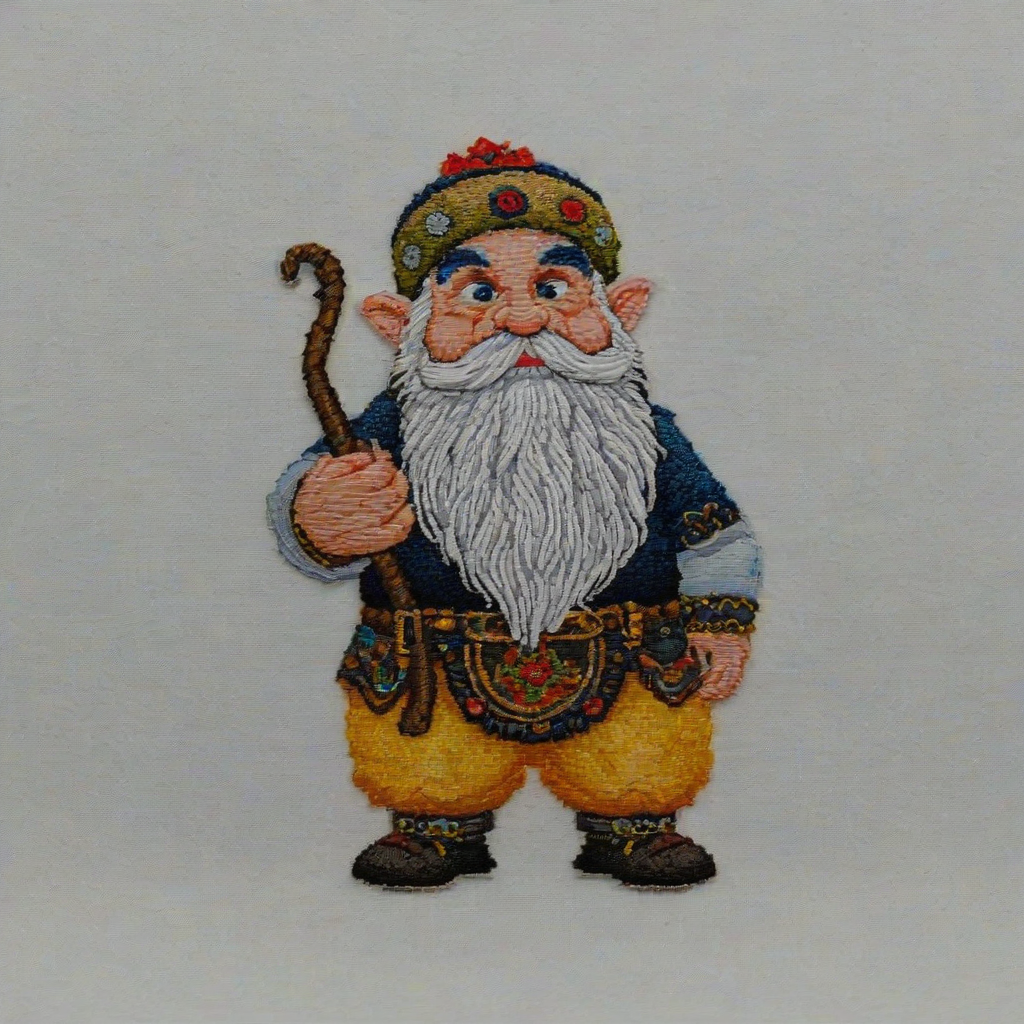 A full-body view of a stout, bearded dwarf from Snow White, in the style of cross-stitch embroidery, with vibrant colors and intricate details, set against a plain white background, with a wide shot and dynamic lighting, and a mix of satin and full stitches, on a plain white background, even lighting