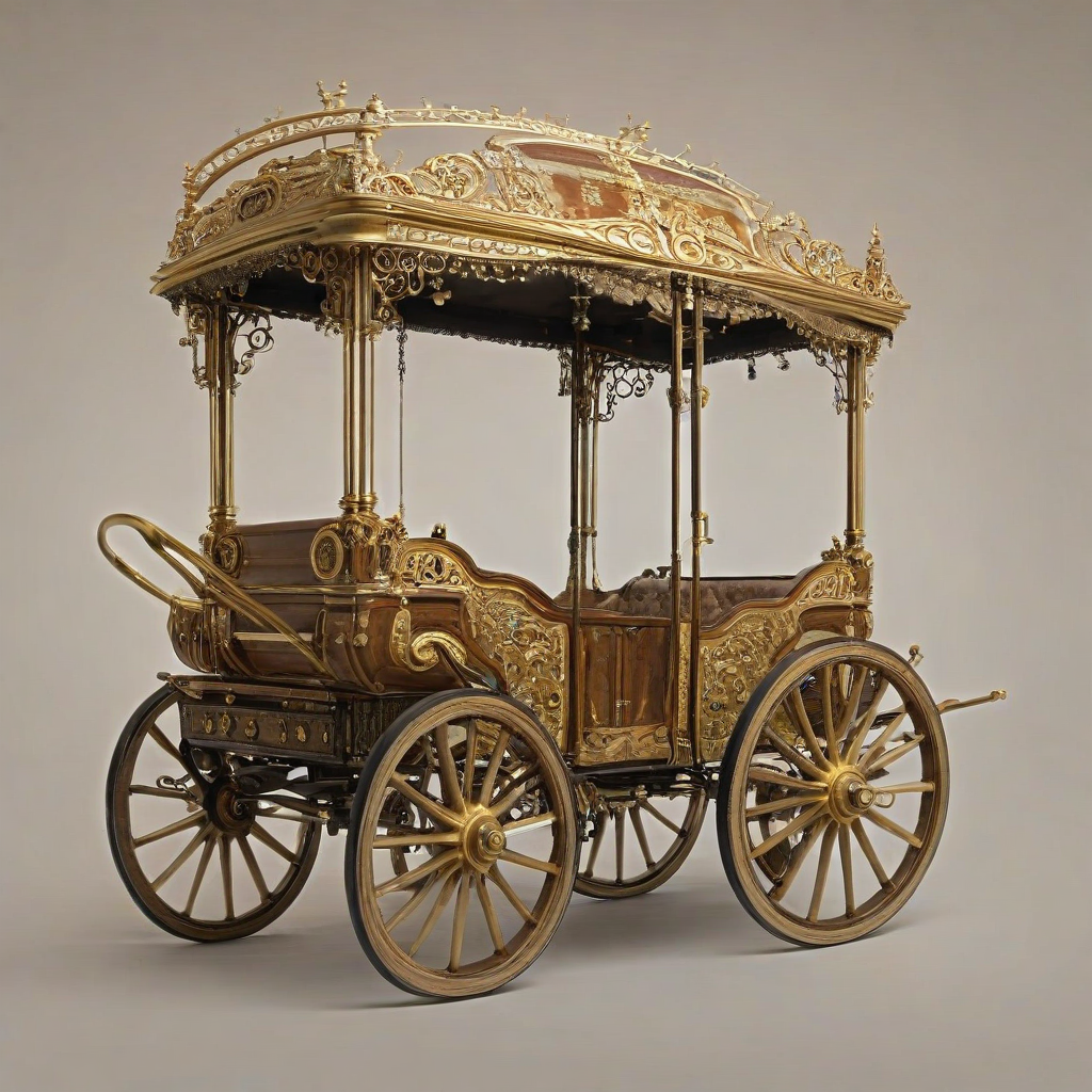 A full-body view of a Victorian-era inspired wagon, with intricate brass details and a dignified demeanor, set against a plain white background, with a warm, soft lighting and a slight sepia tone to evoke a sense of nostalgia, in a wide shot with its wheels visible., on a plain white background, even lighting
