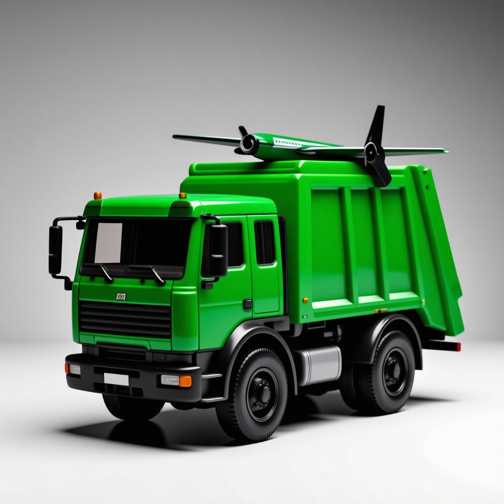 toy green trash truck with front lifting arms and airplane wings attached to the sides