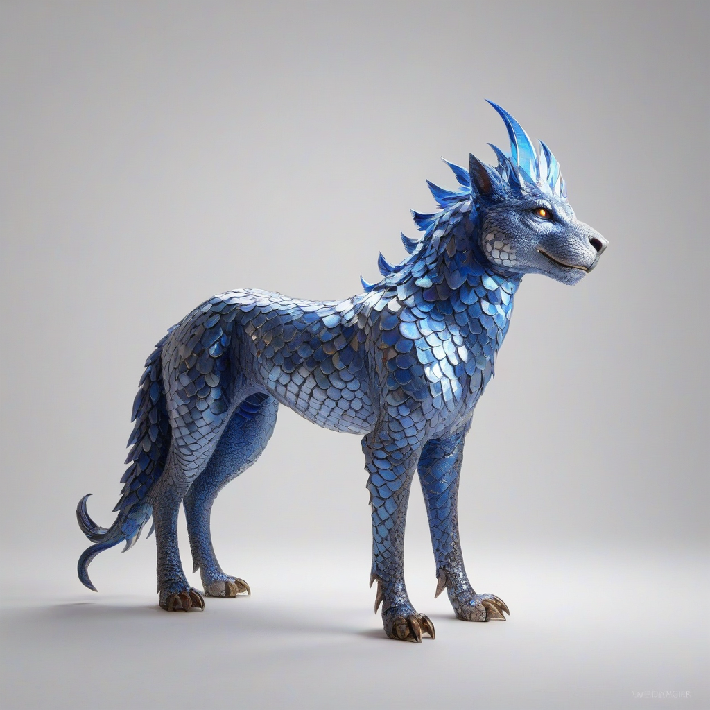A blue quadruped, full-body view, wide shot, medieval setting, fantasy creature, scales glisten in the sunlight, majestic, regal, on a plain white background, digital art style, on a plain white background, even lighting 