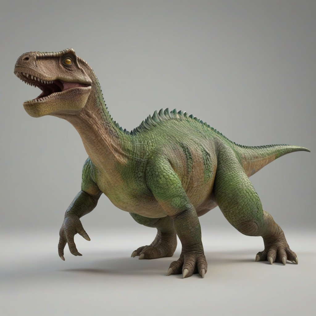 A detailed, full-body view of a 3D animation style dinosaur, with a mix of green and brown scaly texture, standing on a plain white background, with a wide-angle shot and dynamic shadows, in the style of  3d animation, with a focus on intricate details and vibrant colors, on a plain white background, even lighting 