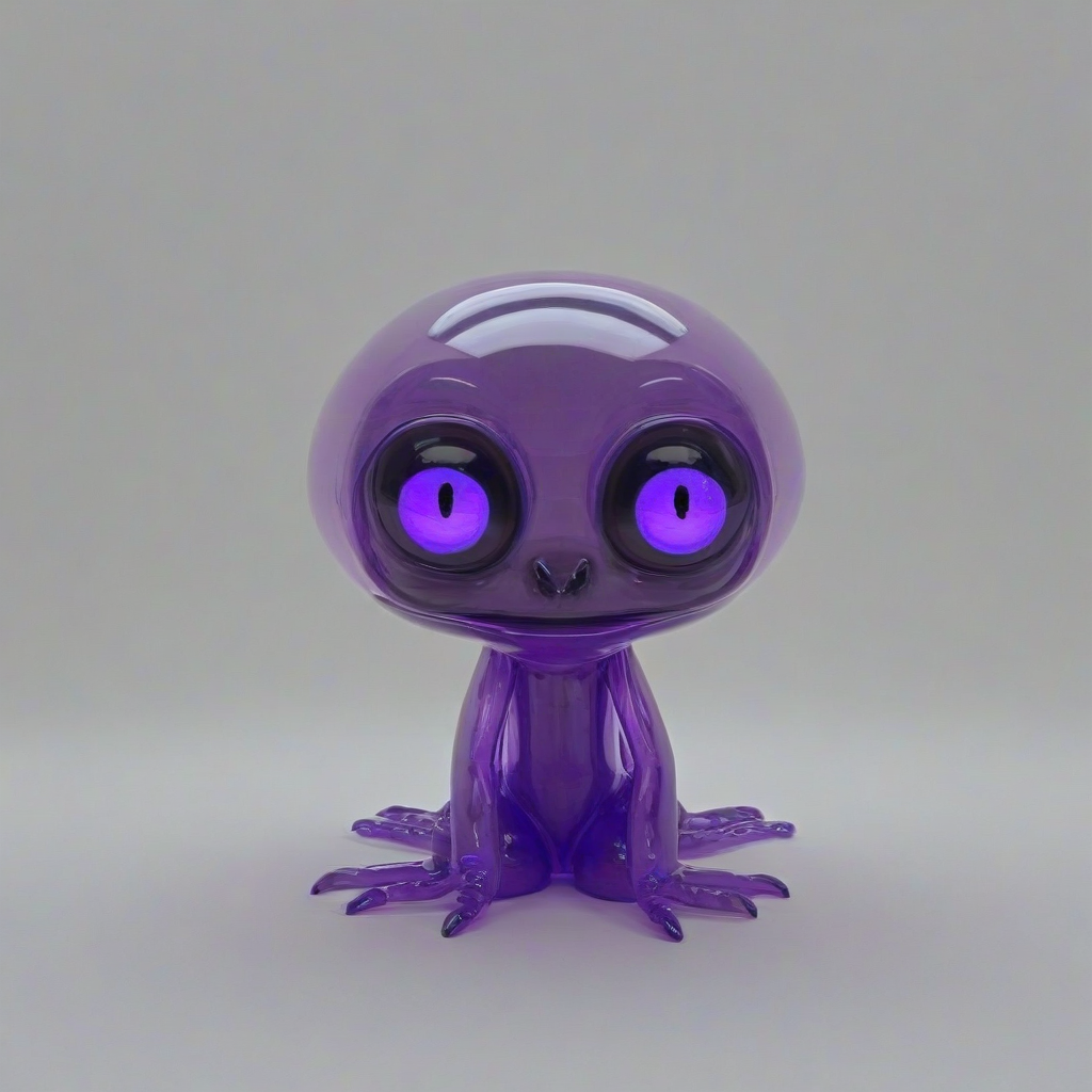 neon purple, transparent, blob alien, large eyes, friendly smile, on a plain white background, even lighting