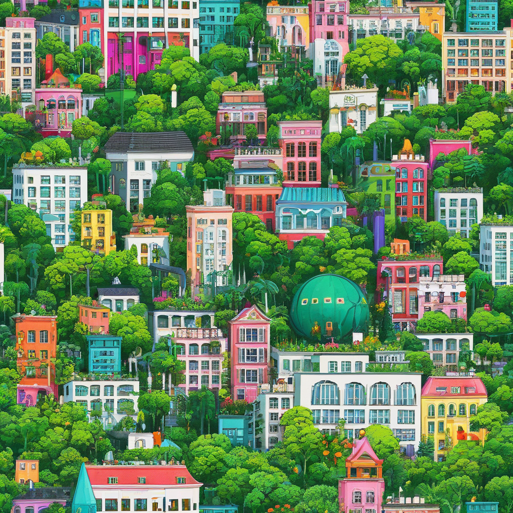 Vibrant ecopunk cityscape with lush greenery and colorful buildings on a plain white background